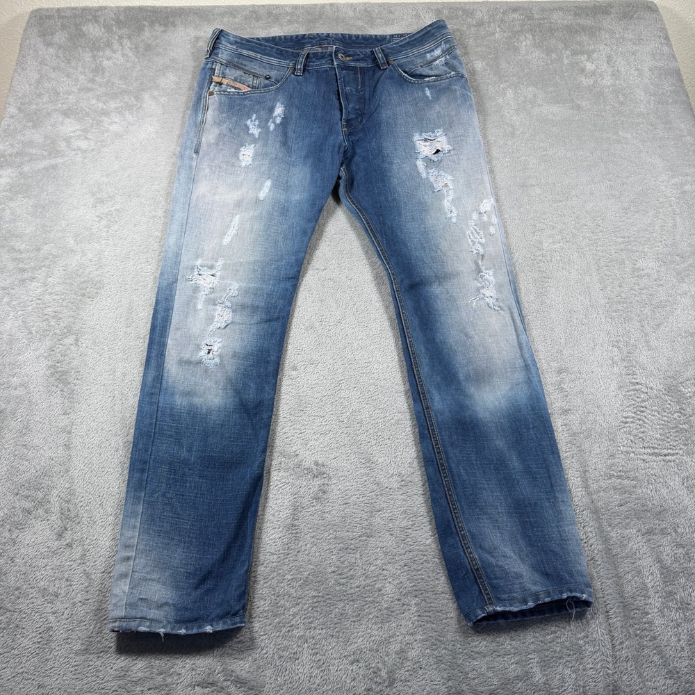 Diesel Belther Jeans Mens 34x32 Blue Distressed Regular Slim Tapered Wash Italy